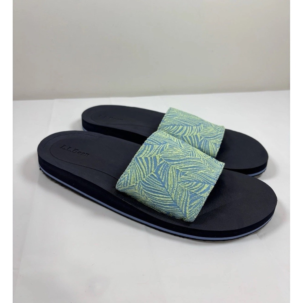 Ll Bean Womens Maine Isle Slide Sandals Sz 9M Blue Leaf Print‎ Yellow Comfort